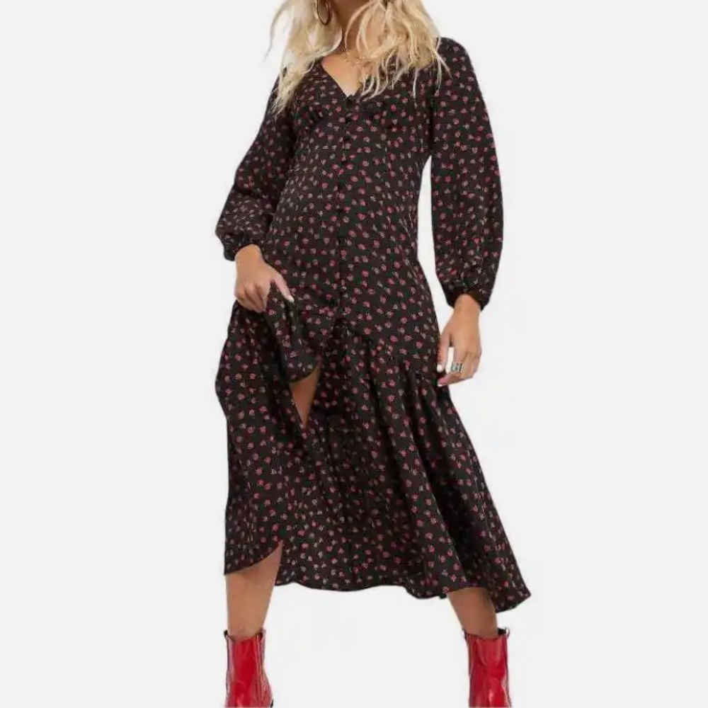 TopShop Black and Red Rose Floral Long Sleeve Tiered Button Up Midi Dress